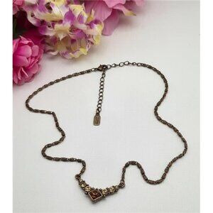 Vintage 1928 Copper Bar Necklace Amber Rhinestones Victorian Revival 19 In